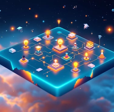 Mapa digital educativo con rutas tecnológicas, iconos académicos y elementos de IA en estilo moderno