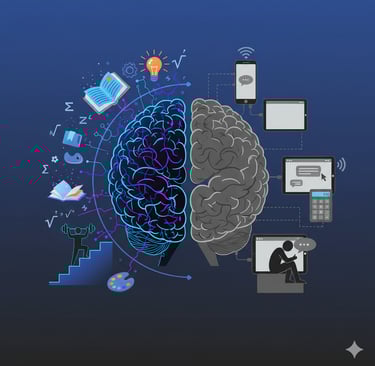 Cerebro dividido: lado activo con redes neuronales vs lado pasivo conectado a dispositivos digitales.