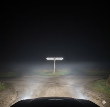 Es de noche y en un cruce de caminos los faros de un coche iluminan señales que no aclaran el camino a seguir.