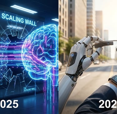 Ilustración que muestra IA digital rompiendo un muro en 2025 y transformándose en robots y gafas inteligentes físicas en 2026