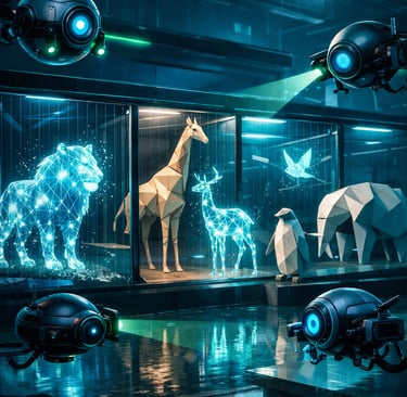 Robots y drones escaneando animales de luz digital en un zoológico futurista vacío de humanos.