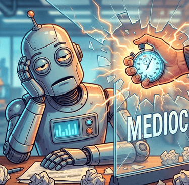 Robot aburrido siendo despertado por una mano humana con un cronómetro, rompiendo un cristal que dice "MEDIOCRE".
