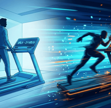 Persona corriendo en cinta de correr futurista que acelera: metáfora de la brecha tecnológica con la IA.