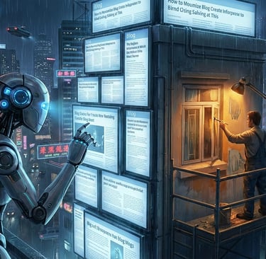 Robot escáner de IA rastreando un blog con trampantojo digital en fachada, Hong Kong al fondo.