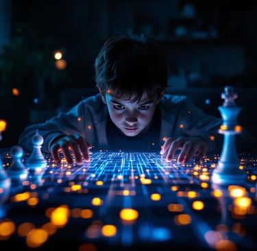 Niño observando ajedrez con red neuronal emergiendo en el reflejo: metáfora de capacidades emergentes en IA.