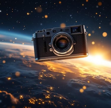 Cámara profesional flotando en el espacio con la Tierra al fondo, simbolizando la fotografía imposible con IA.