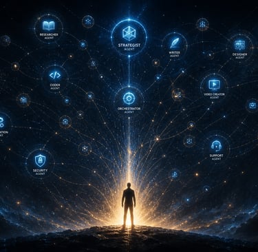 Una persona rodeada de agentes de IA orbitando como un ejército digital personal impulsado por inteligencia artificial.