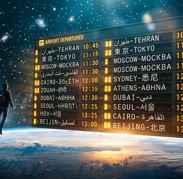 Panel de salidas de aeropuerto flotando en el espacio con destinos en múltiples idiomas y silueta humana.