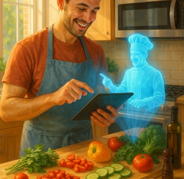 Persona usando aplicación de IA culinaria en tablet con asistente virtual holográfico en una cocina moderna.