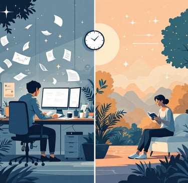 Ilustración de Mistral mostrando transformación de estrés laboral a vida equilibrada gracias a IA en estilo minimalista.