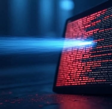 Luz de un escáner de IA revela código malicioso oculto entre las líneas de un texto digital.