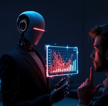 Un robot con traje presenta un plan de negocios erróneo a una persona que lo mira con escepticismo..