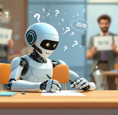 Robot IA respondiendo examen con confianza mientras ideas falsas flotan en burbujas sobre su cabeza