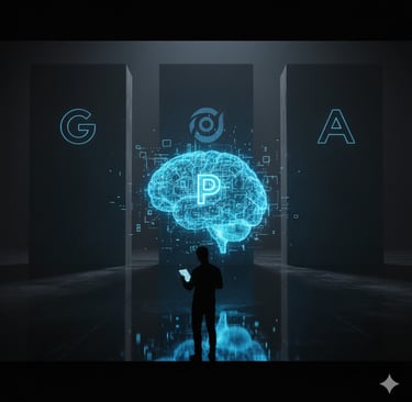 Una persona analiza un cerebro de IA brillante, eclipsado por gigantescos monolitos de Google y OpenAI.