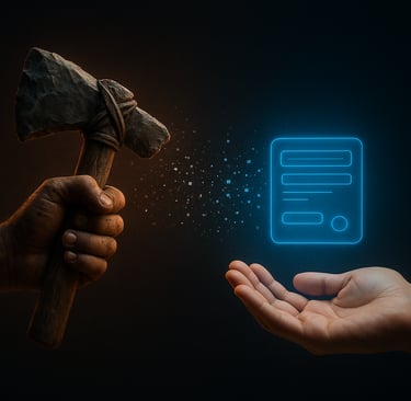 Una mano primitiva empuña un hacha de piedra junto a una mano abierta sobre la que flota un holograma de una app digital.