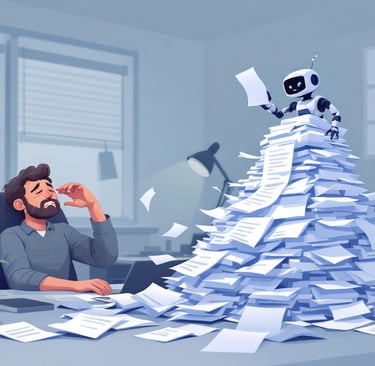 Un supervisor agotado, sepultado por papeles que un pequeño robot de IA no para de generar..