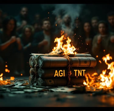 Gente nerviosa mirando un cartucho de dinamita construido a basa de billetes que está a punto de estallar. Se puede leer AGI.