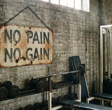 Cartel desgastado de NO PAIN NO GAIN colgado en la pared de un gimnasio.