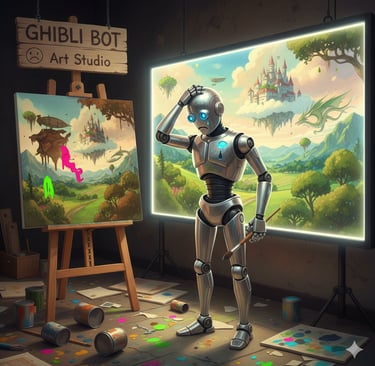Robot humanoide pintor frustrado porque no consigue imitar una imagen que tiene de muestra.