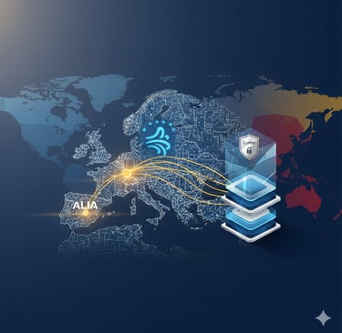 Mapa Europa como red neuronal con nodos IA: ALIA España, Mistral Francia, destacando soberanía tecnológica