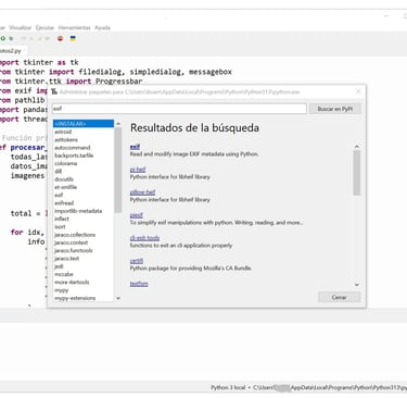 Captura de pantalla del IDE Thonny y del gestor de paquetes. Buscando paquete EXIF.