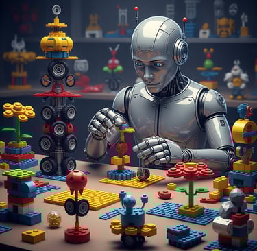 Robot humanoide construyendo objetos extraños con piezas de lego.
