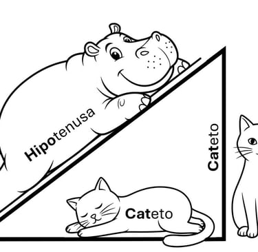 Esquema de un triángulo rectángulo escaleno con un hipopótamo tumbado en la hipotenusa y un gato en cada cateto.