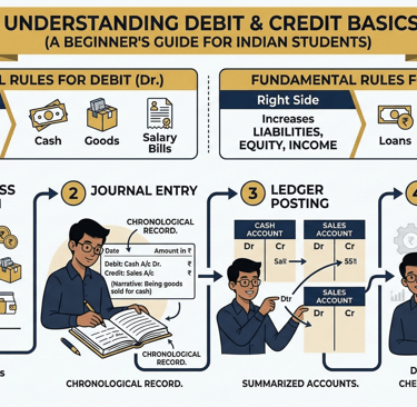 Infographic explaining debit and credit basics for Class 11 accounts students