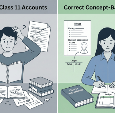 Comparison showing common mistakes in Class 11 accounts and correct concept-based learning approach