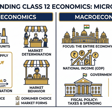 Infographic explaining microeconomics and macroeconomics topics for Class 12 Economics preparation