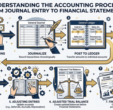 Accounting process infographic showing journal ledger and financial statements for Class 12 commerce