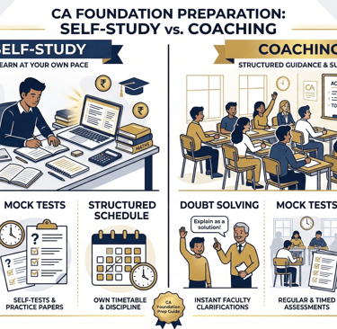Comparison infographic showing self study and coaching approach for CA Foundation preparation