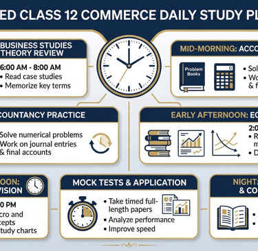 Class 12 commerce study plan infographic for Accounts Economics and Business Studies board exam prep