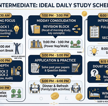 Infographic showing daily study routine structure for CA Intermediate students