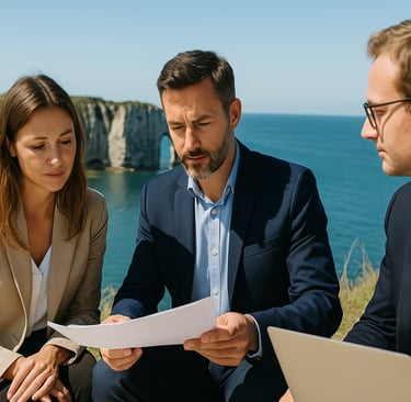 Accompagnement à la création d’entreprise en Normandie, trois professionnels échangent sur un projet