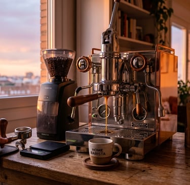 Cafetera espresso manual en casa con luz de atardecer.