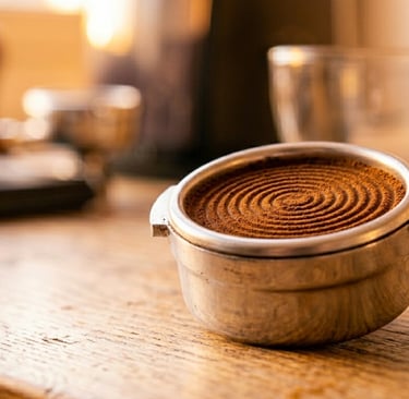 Café recién tampeado en portafiltro de cafetera espresso.