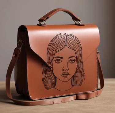 A leather handbag with intricate butterfly and floral designs, predominantly in shades of red, green, and purple. The background is a rich brown, giving a natural, earthy feel to the piece.