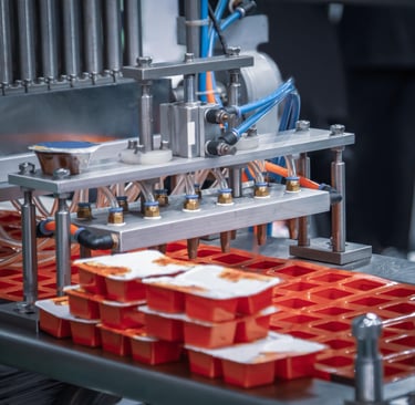 Automatic industrial food filling machine packaging sauces into plastic cups on a conveyor line.