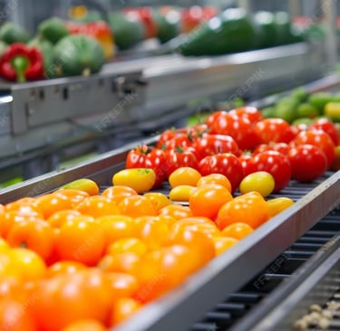 Fresh red and orange tomatoes and bell peppers on a fast-moving industrial sorting conveyor belt.