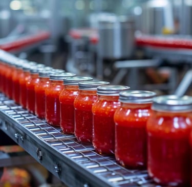 Glass jars filled with red tomato sauce moving along a conveyor belt in a food processing factory.