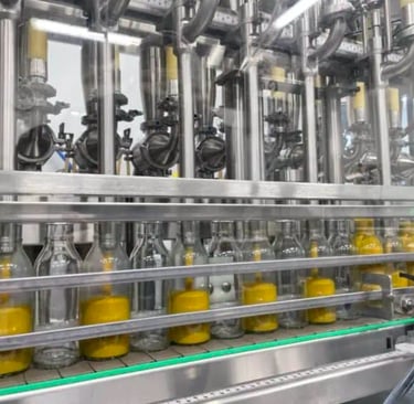 Automatic liquid filling machine processing glass bottles with yellow liquid on a factory conveyor line.