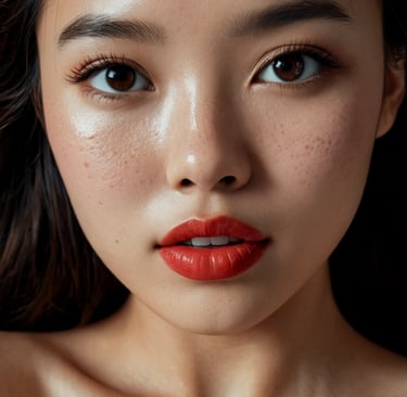 Close-up portrait of a woman with dewy skin, natural freckles, and red lipstick makeup.