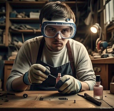 a man in a workwear suit and goggles with a pair of glasses