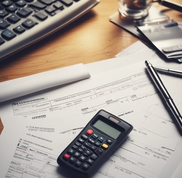 Accounting paper work on a desk with a caclulator