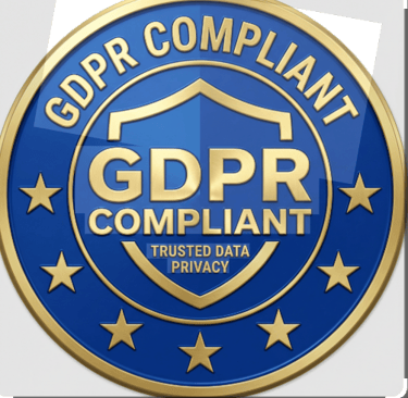 Blue and gold GDPR Compliant seal for trusted data privacy and security standards.