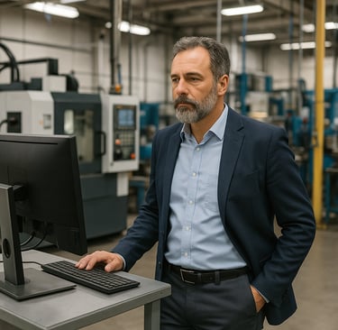 business leader looks at computer