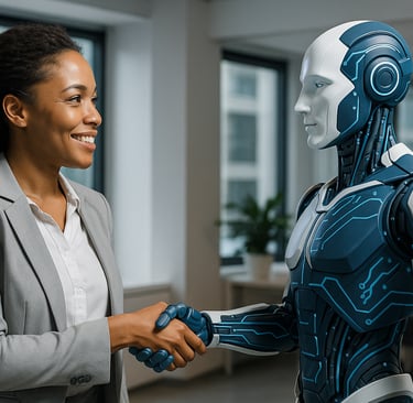 woman shaking hand of android