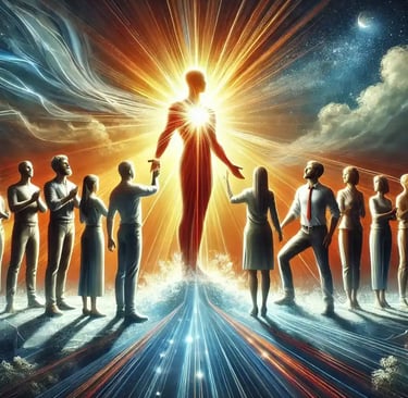 Illustration of a leader guiding a diverse team with empathy, standing at the forefront, radiating