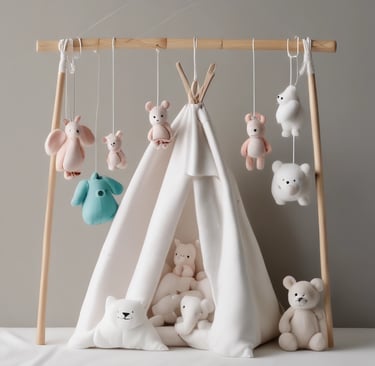 A variety of plush toys are arranged on shelves, including a prominent raccoon with a rainbow tuft, several pink pigs, and other stuffed animals. The toys have attached tags with printed text and designs.